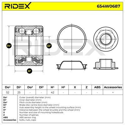 JUEGO RODAMIENTO DE RUEDA MARCA RIDEX 654W0687 CITROËN /PEUGEOT - REFERENCIA 3748A1 MEDIDAS (25X52X42)