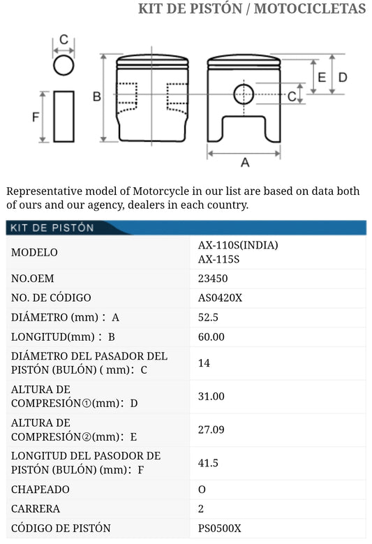 PISTON KIT SUZUKI AX115 TKRJ JAPÓN MEDIDA 0.25