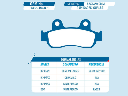 Pastilla De Freno Honda ELITE 125 Delantera Referencia 06455-KSY-881 Marca Ichiban