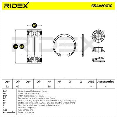 JUEGO RODAMIENTO DE RUEDA MARCA RIDEX 654W0010 CITROËN /PEUGEOT - REFERENCIA 1606623580 MEDIDAS (42X82X36)