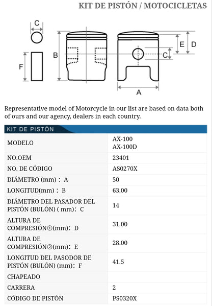 PISTON KIT SUZUKI AX100 TKRJ JAPÓN MEDIDA STD